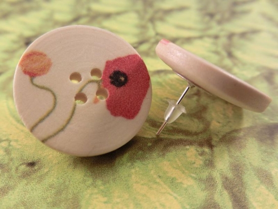 Mohn Blumen Holzknopf Ohrstecker Natur Button